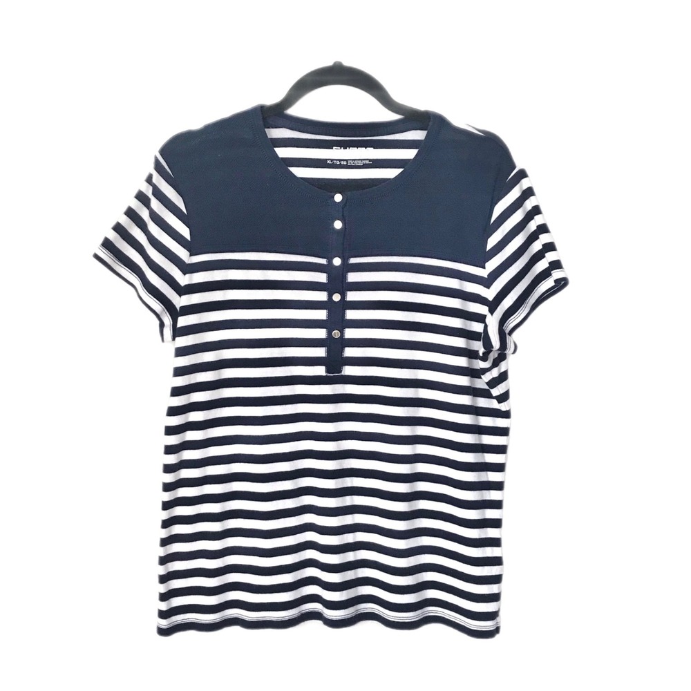 CHAPS SPORT WOMENS NAUTICAL NAVY BLUE & WHITE STRIPED TOP BUTTON FRONT SIZE XL